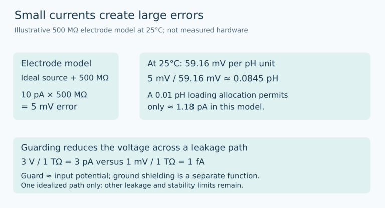 A high-resistance pH electrode model illustrates 10 picoamps creating 5 millivolts of loading error, while an input guard reduces the voltage across a separate leakage path.