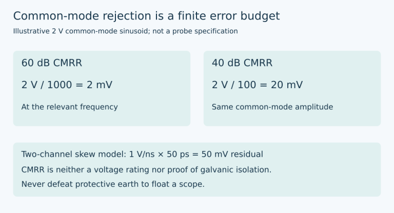 Two calculation panels compare 2 millivolts residual at 60 decibels CMRR and 20 millivolts at 40 decibels; a timing-skew example gives 50 millivolts for a one-volt-per-nanosecond ramp and 50 picoseconds skew.