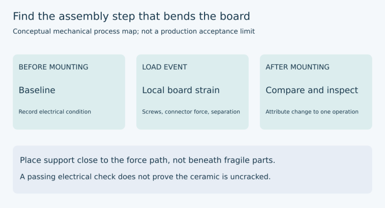 BEFORE MOUNTING / Baseline / Record electrical condition LOAD EVENT / Local board strain / Screws, connector force, separation AFTER MOUNTING / Compare and inspect / Attribute change to one operation. Place support close to the force path, not beneath fragile parts.