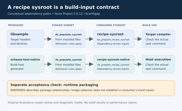 Separate target-library and native-generator paths through staging into a consumer recipe sysroot, with runtime packaging checked independently.
