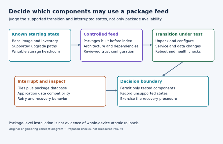 Diagram connecting known installed software, a controlled Yocto package feed, transition tests, interrupted-state inspection, and a recovery-based decision.