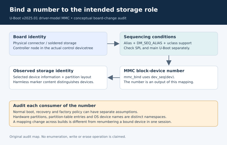 Board storage role maps to controller node, alias and enabled sequence policy, then to the MMC block-device number; observed identity validates the mapping.