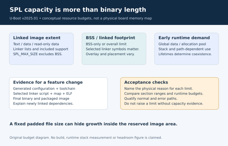 Distinct budgets cover the linked SPL image, BSS and early runtime state; actual linker ranges and lifetimes determine whether resources coexist safely.