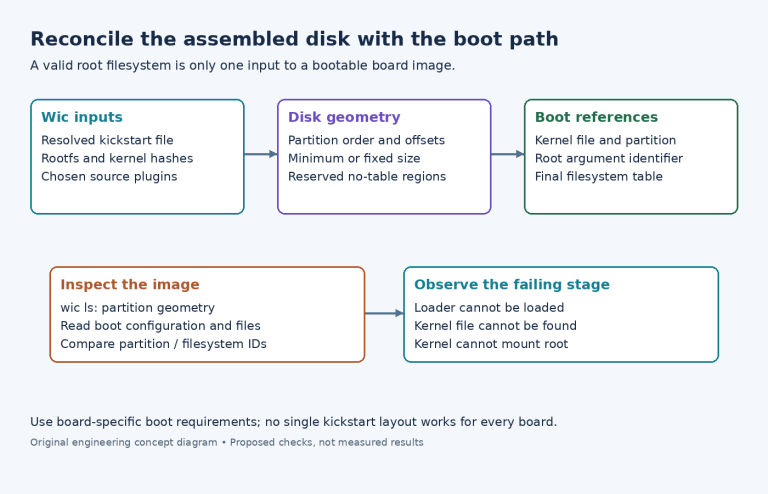 Diagram connecting Wic inputs, disk geometry, and boot references with image inspection and stage-specific boot failures.