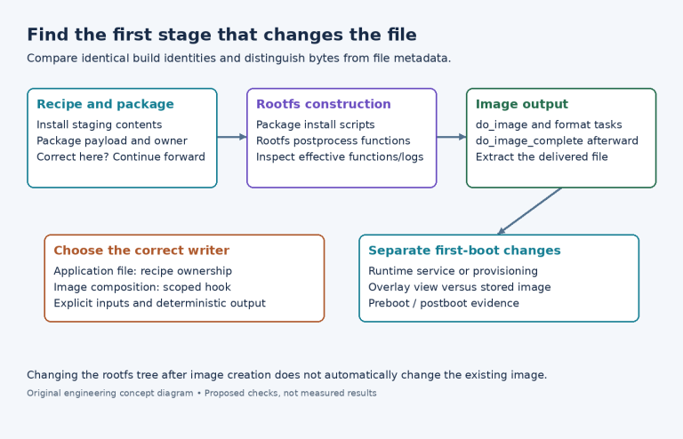 Diagram tracing a file from recipe and package through rootfs processing and image generation, with first-boot changes separated.