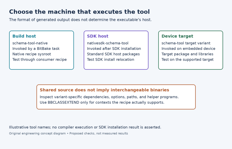 Diagram comparing the execution host, package variant, sysroot location, and test boundary for native, nativesdk, and target tools.