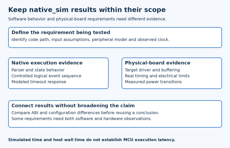 Native simulation verifies defined software behavior while physical tests verify target driver timing, electrical behavior and power; shared requirements may need both.