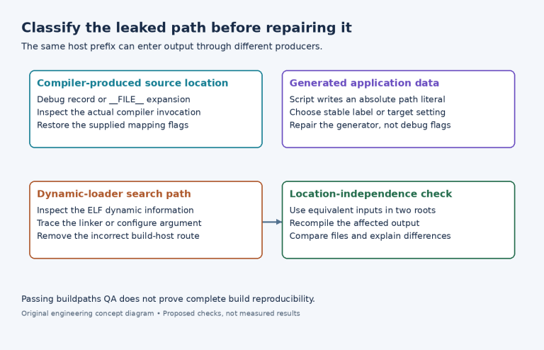 Diagnostic map separating compiler locations, generated literals and loader paths, with a controlled different-build-root comparison.
