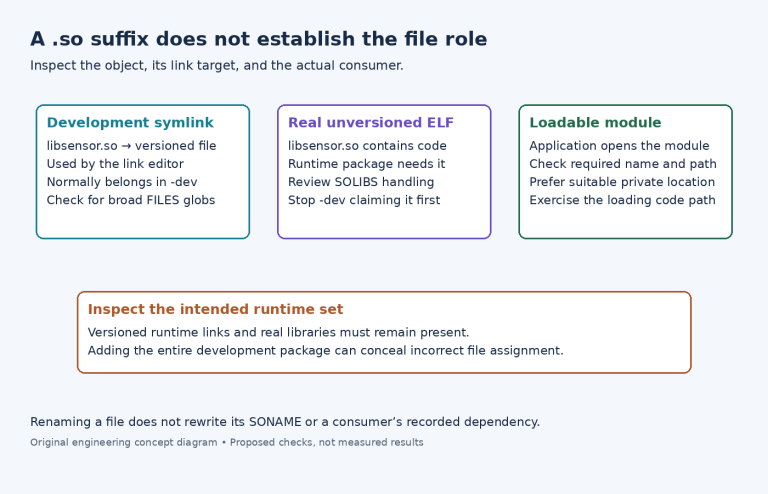Diagram comparing development .so symlinks, real unversioned ELF libraries and application-loaded modules with distinct packaging checks.