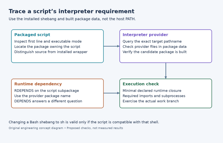 Diagram linking packaged script inspection to interpreter-provider lookup, package-scoped RDEPENDS and a minimal runtime execution check.