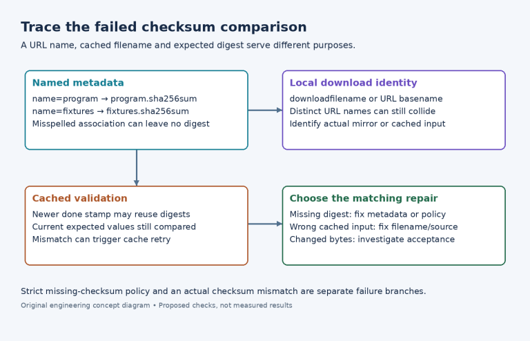 Diagram mapping named checksum metadata, cached archive identity, done-stamp validation and distinct repair branches.