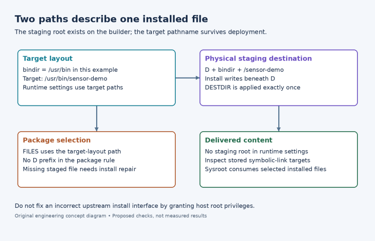 Diagram comparing target path, staged physical destination, package FILES selection and delivered runtime content.