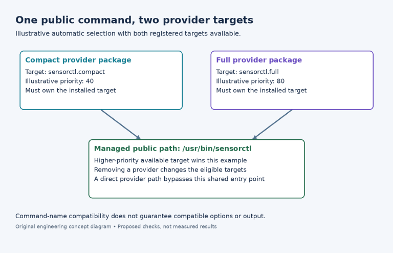 Diagram showing compact and full provider packages registering different targets and priorities for one managed sensorctl command path.