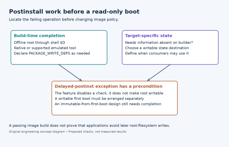 Diagram distinguishing build-time post-install completion, target-specific writable state and the delayed-postinst feature precondition.