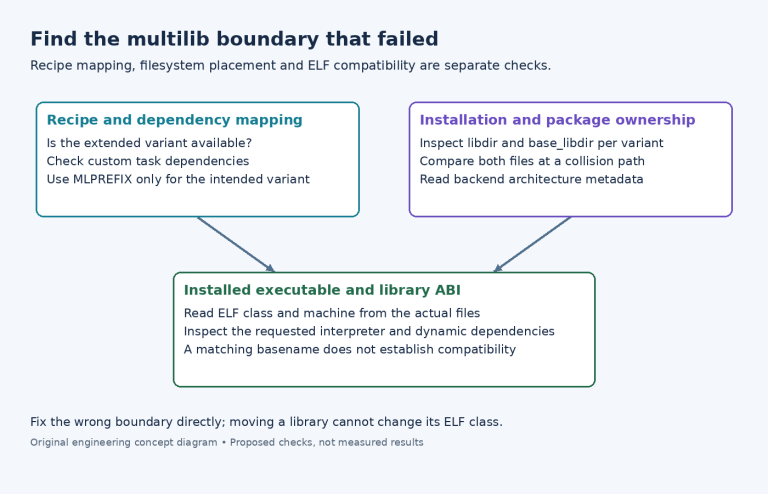 Diagram separating multilib recipe mapping, installation-path ownership and actual ELF compatibility checks.