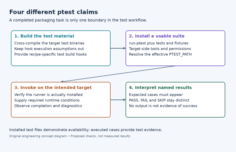 Diagram separating ptest material construction, suite installation, target invocation and interpretation of named results.
