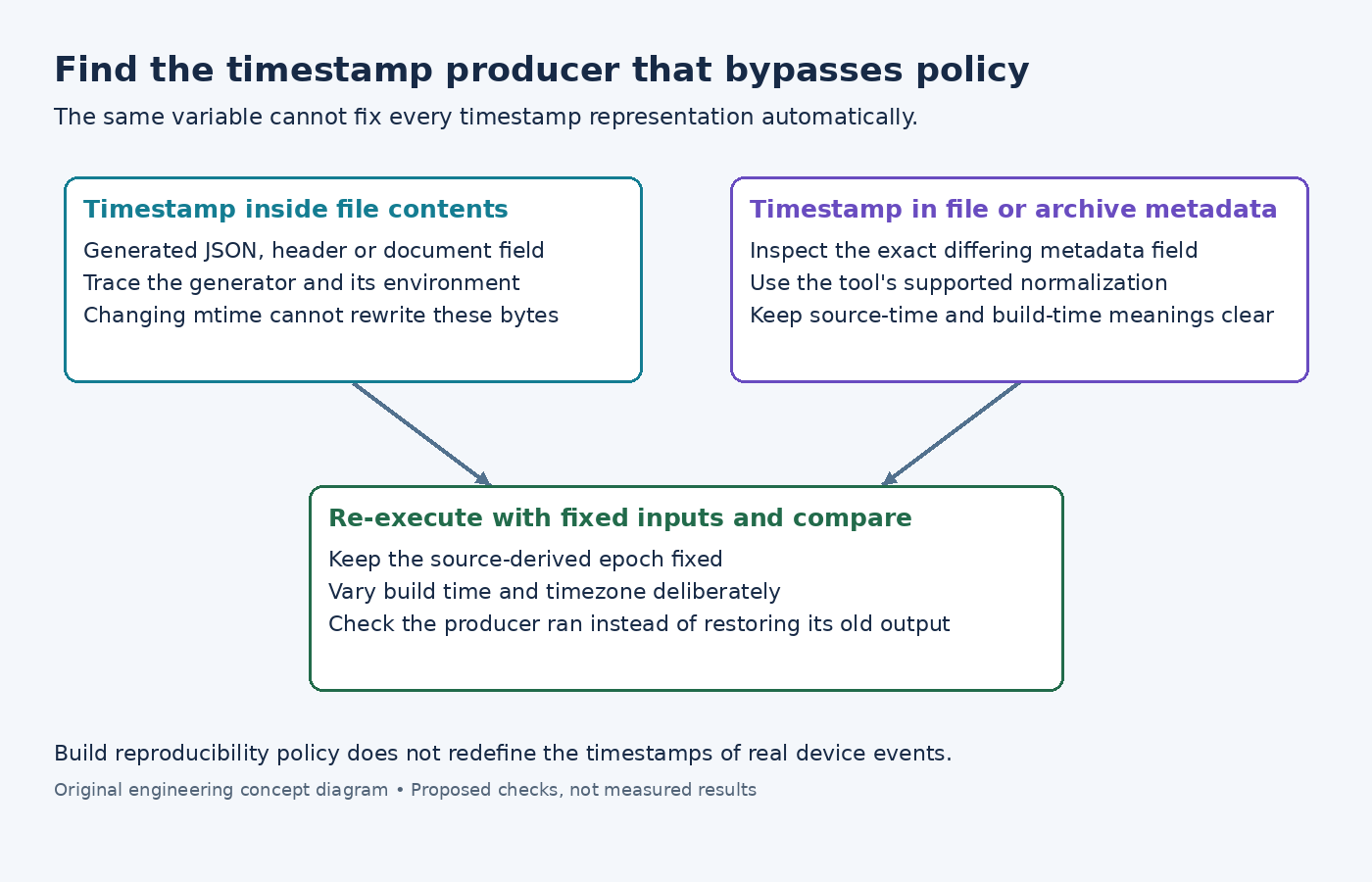 Diagram separating embedded timestamp bytes from file or archive metadata and showing a re-executed fixed-input comparison.