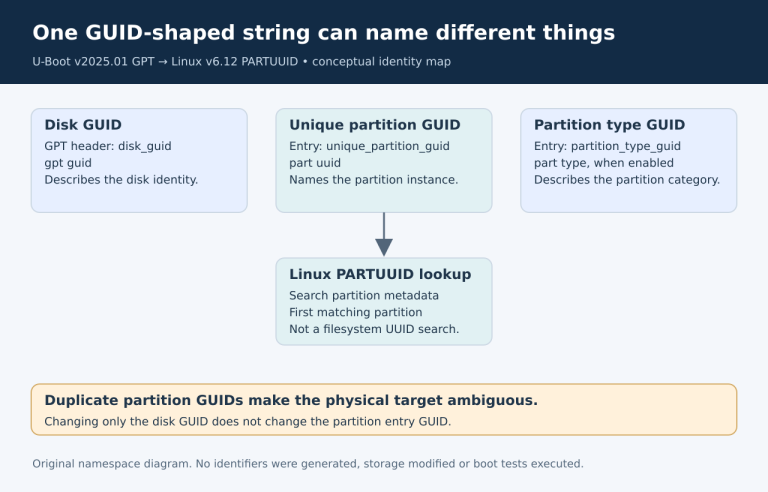 Disk GUID, partition unique GUID and type GUID shown as separate namespaces with only the unique partition GUID routed to Linux PARTUUID.