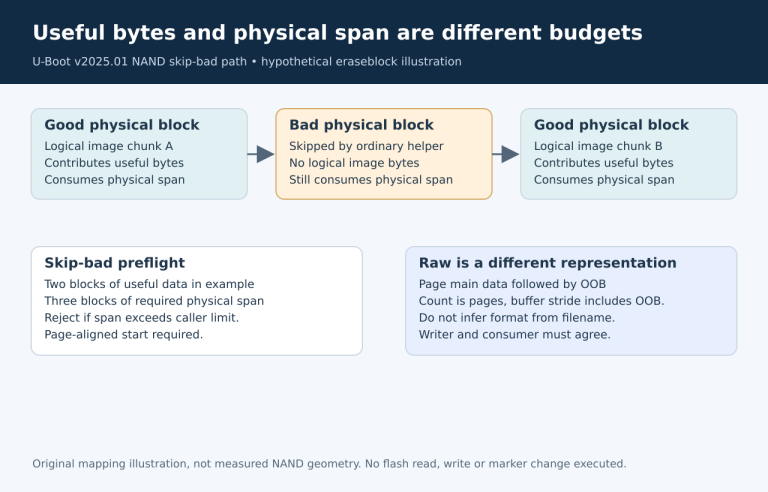 Two useful eraseblocks spanning three physical blocks around one bad block, separate from a raw page-plus-OOB buffer layout.