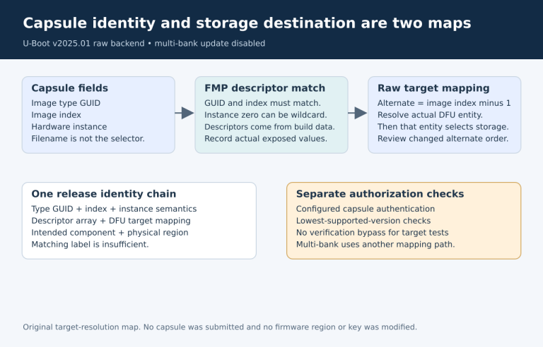 Capsule identity match to FMP descriptor, then image-index-minus-one to DFU alternate and physical target, with authentication kept separate.