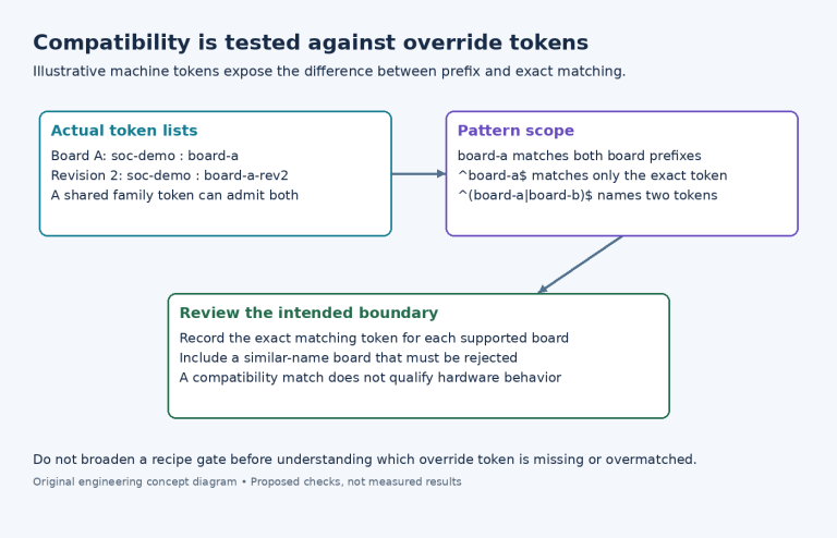 Diagram comparing two machine override lists and prefix versus anchored compatibility expressions.