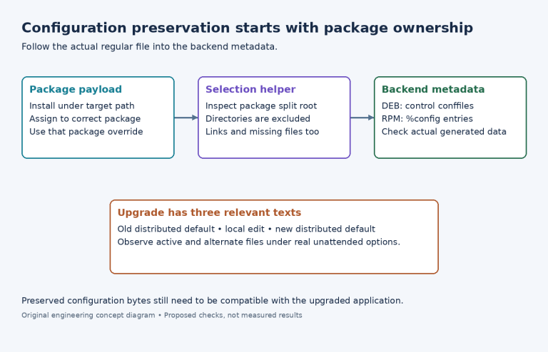 Diagram connecting package payload ownership, conffile filtering and backend metadata to three-way upgrade observations.