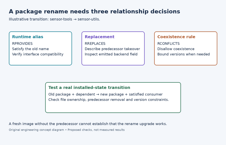 Diagram separating runtime aliases, replacement metadata and coexistence conflicts in a package rename.