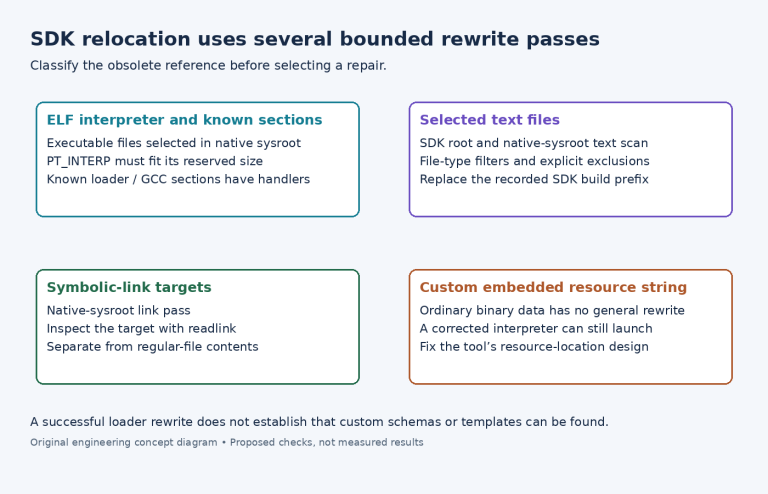 Diagram separating SDK ELF, text and symbolic-link relocation passes from unsupported arbitrary resource strings.