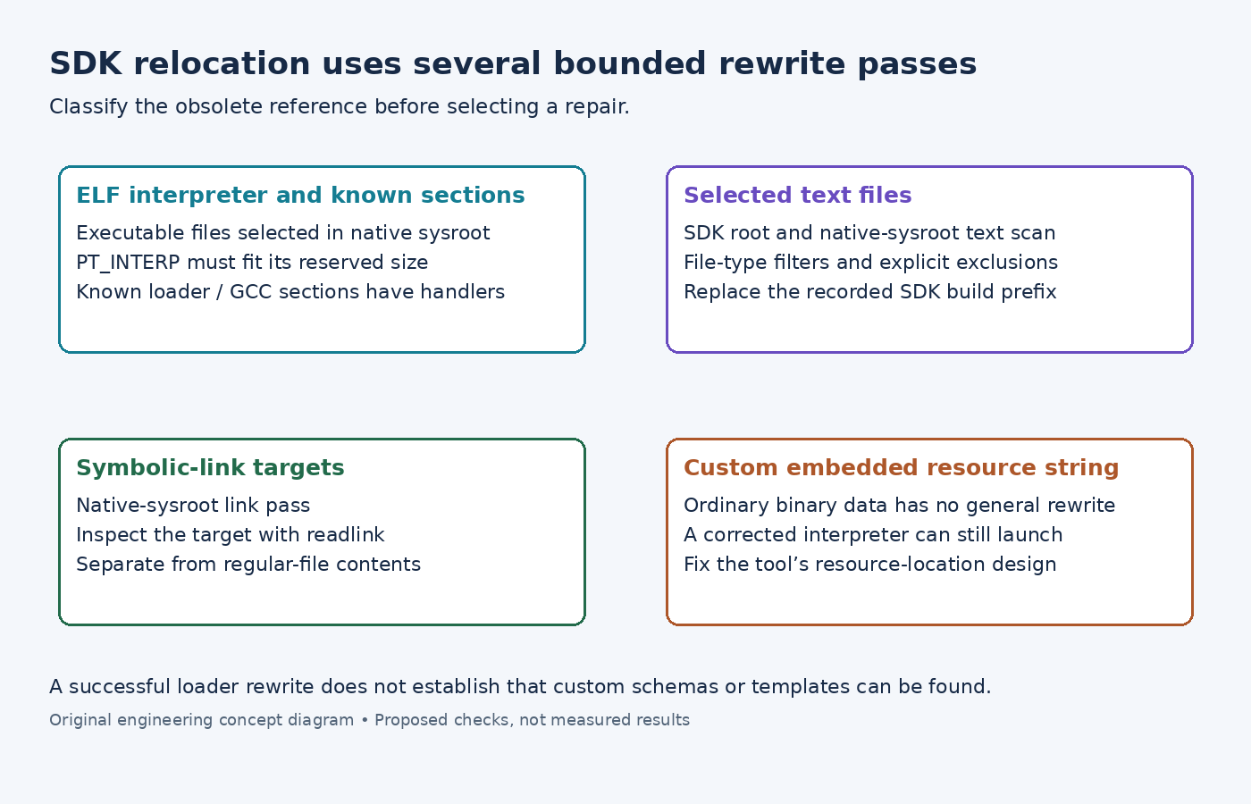 Diagram separating SDK ELF, text and symbolic-link relocation passes from unsupported arbitrary resource strings.