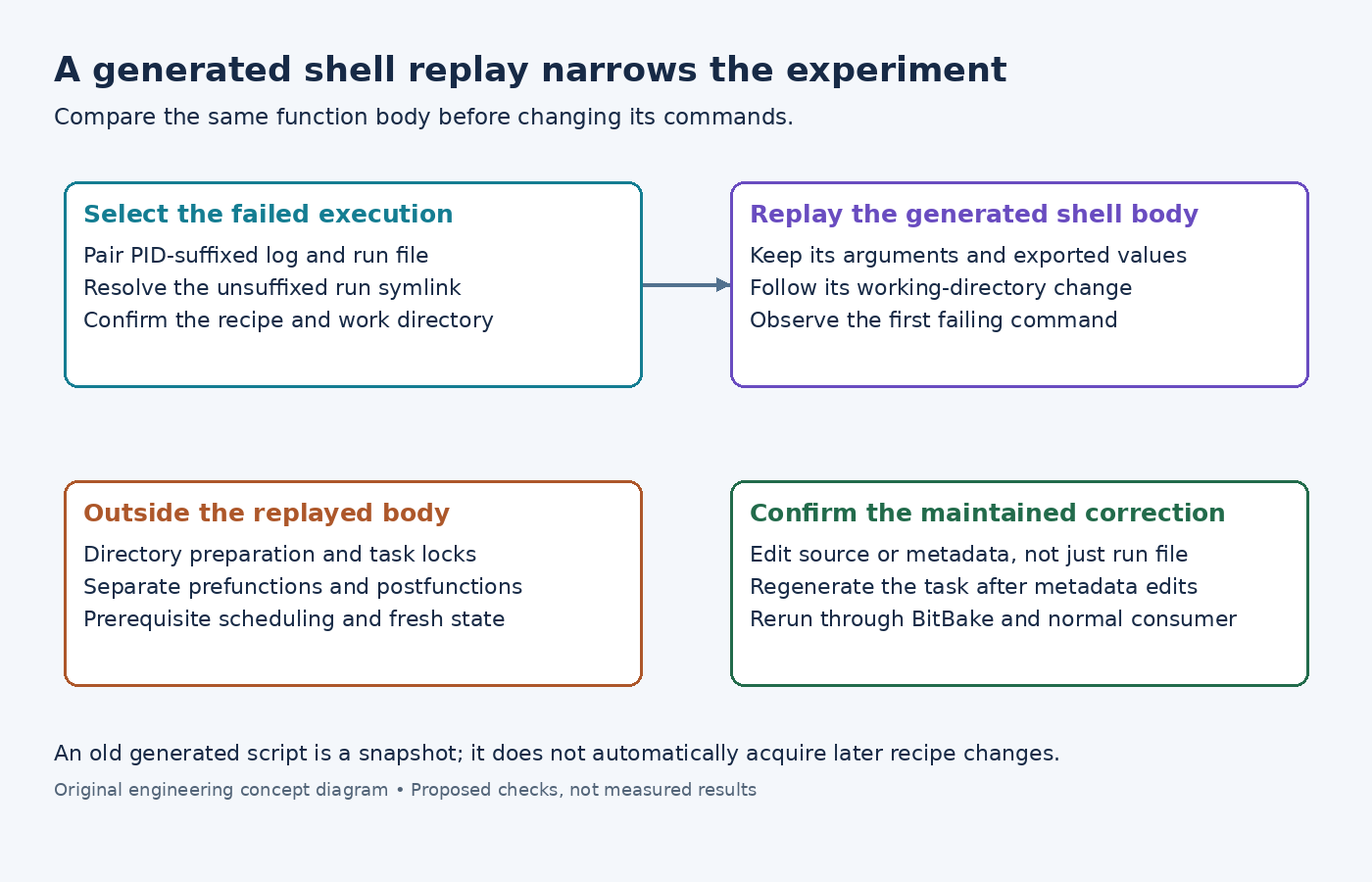 Diagram contrasting a generated shell task replay with surrounding task preparation and scheduled validation.
