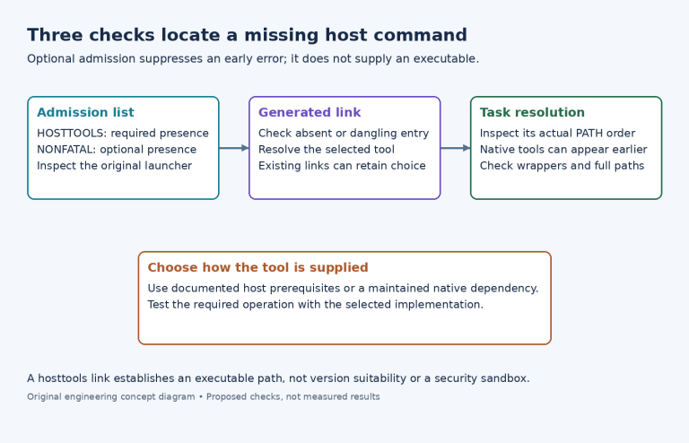 Diagram separating host-tool list admission, generated symlink selection and the final task command search order.