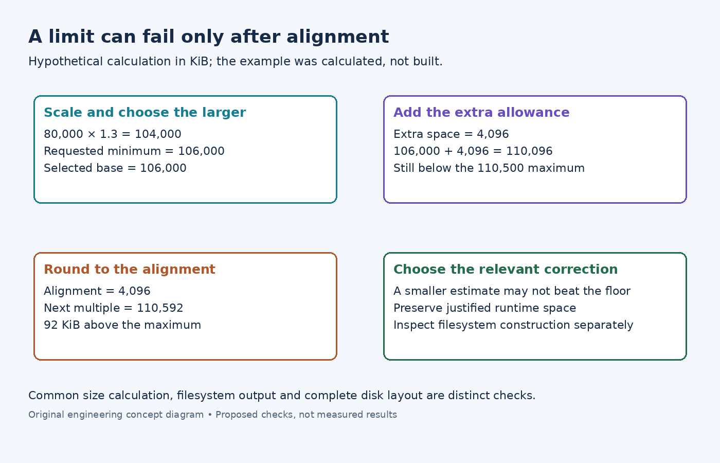 Diagram calculating an 80,000 KiB rootfs estimate through overhead, minimum, extra space and alignment to a 110,592 KiB result above the limit.
