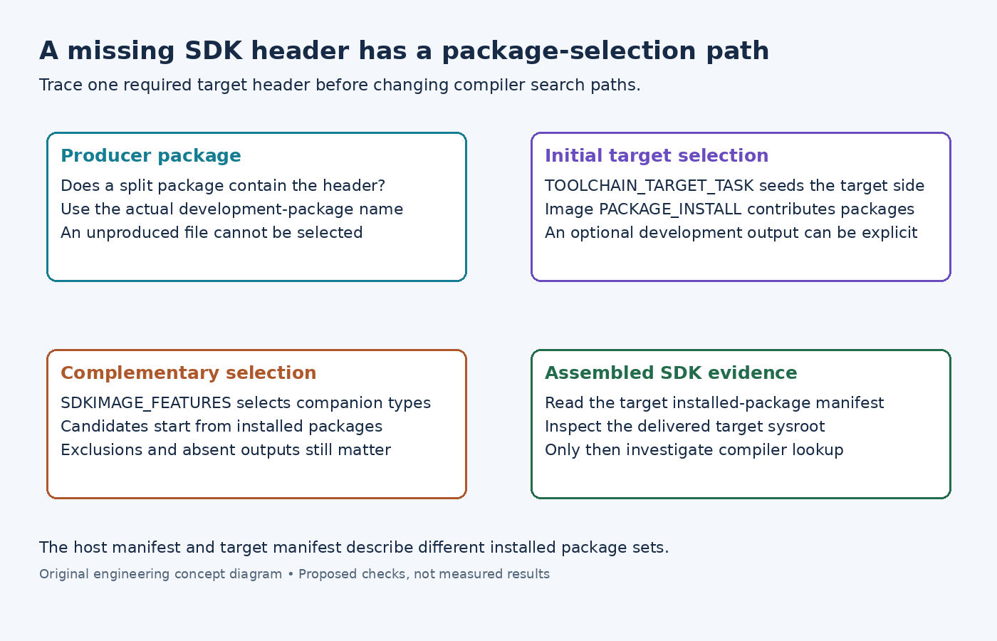 Diagram tracing a missing SDK header through its producer package, target seed list, complementary selection and installed target manifest.
