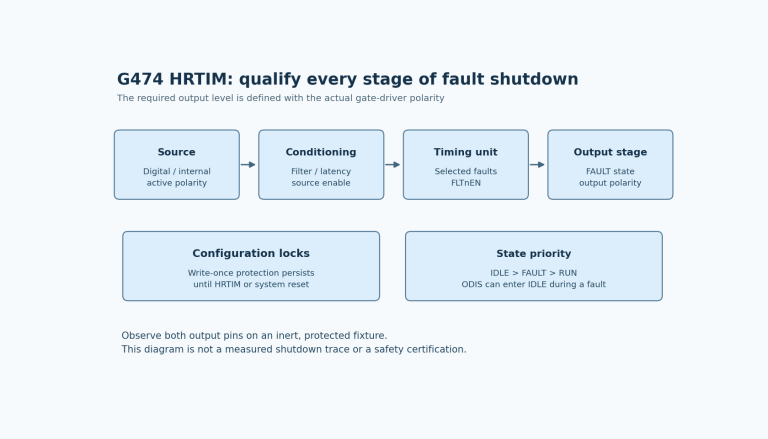 HRTIM shutdown proceeds through source, conditioning, timer fault selection and output-state configuration, with configuration locks and the higher priority of IDLE over FAULT and RUN.
