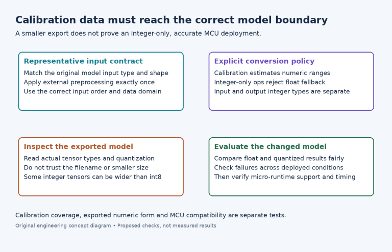 Diagram linking representative input preparation, integer conversion settings, exported tensor inspection and model evaluation.