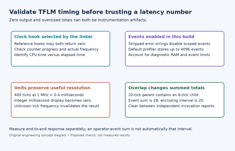 Diagram identifying TFLM zero timing hooks, profiling build flags, fractional millisecond loss and double-counted nested events.