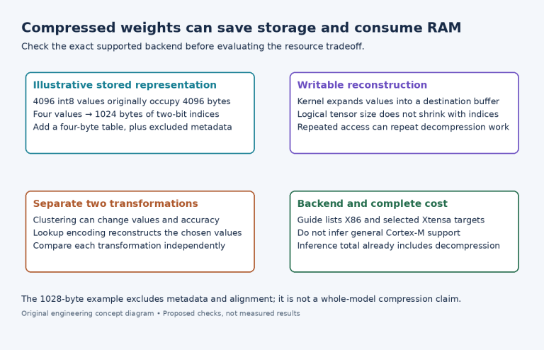 Diagram comparing packed lookup-table storage with full writable reconstruction, clustering accuracy and backend-specific execution costs.