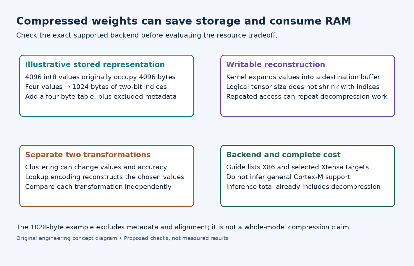 Diagram comparing packed lookup-table storage with full writable reconstruction, clustering accuracy and backend-specific execution costs.