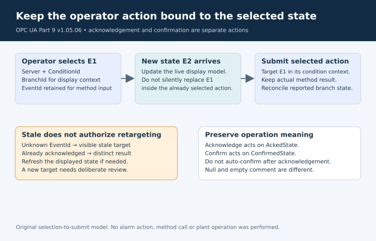 A selected ConditionId, BranchId and EventId remain bound to the operator action even when a newer notification arrives.