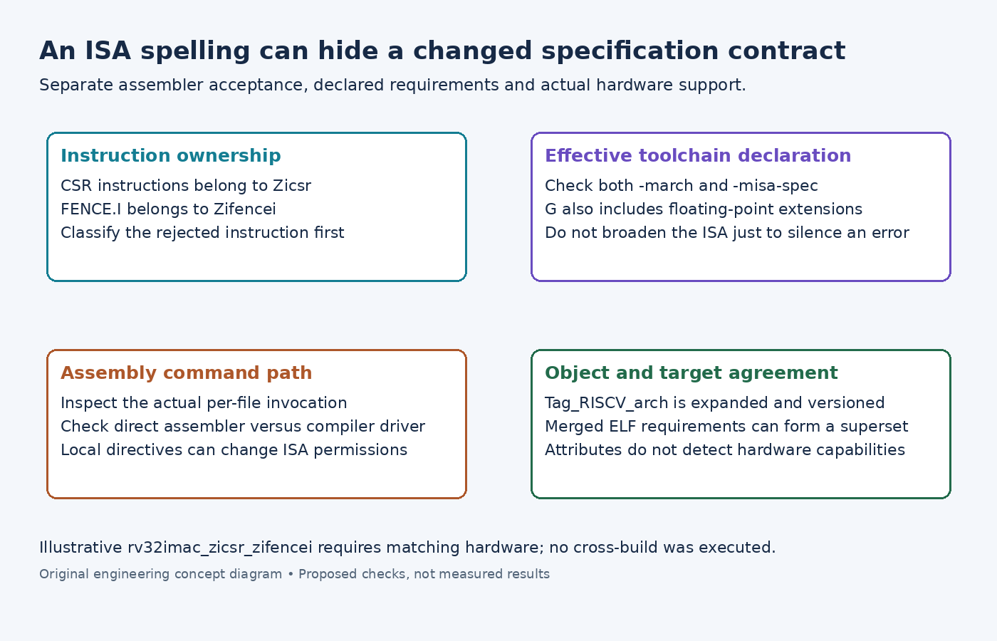 Diagram tracing rejected RISC-V instructions through named extensions, effective compiler options, assembly invocation and ELF requirements.