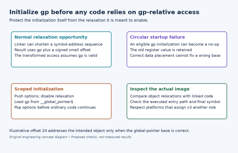 Diagram showing gp-relative linker relaxation, its circular startup hazard, protected initialization and final-image checks.