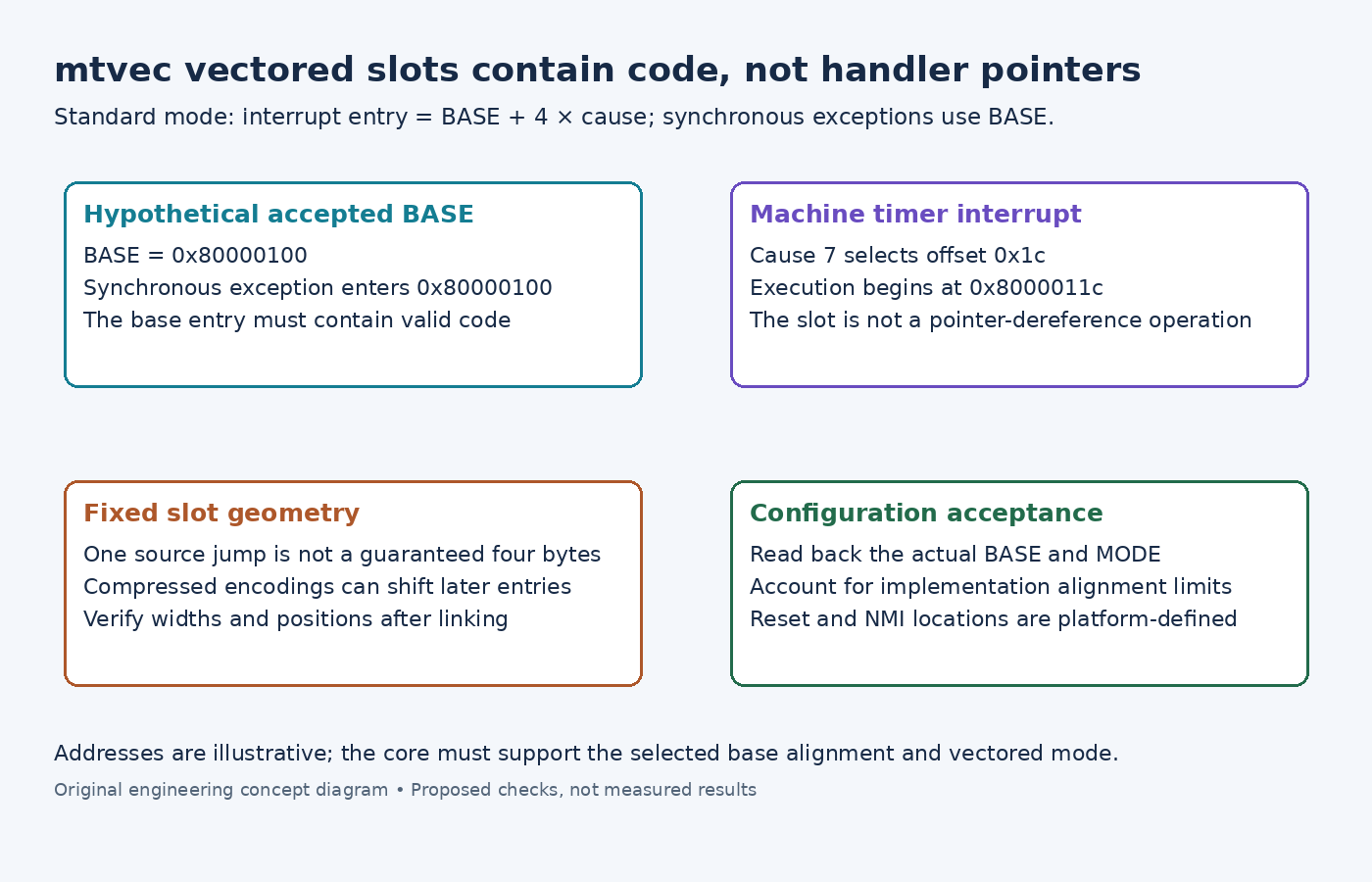 Diagram calculating a standard mtvec timer slot and distinguishing executable entries, compressed-width hazards and WARL readback.