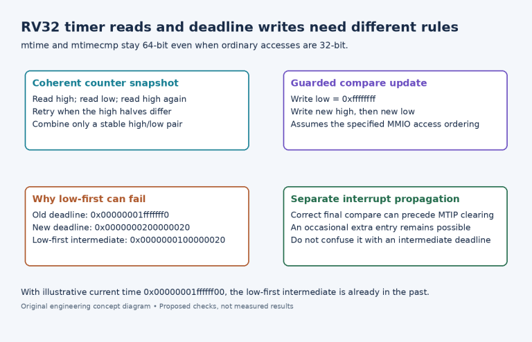 Diagram showing coherent RV32 timer reads, guarded compare writes, an intermediate-deadline example and delayed interrupt deassertion.