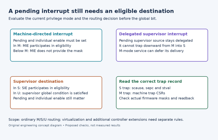 Diagram comparing machine-directed and delegated supervisor interrupt eligibility across execution privilege modes.