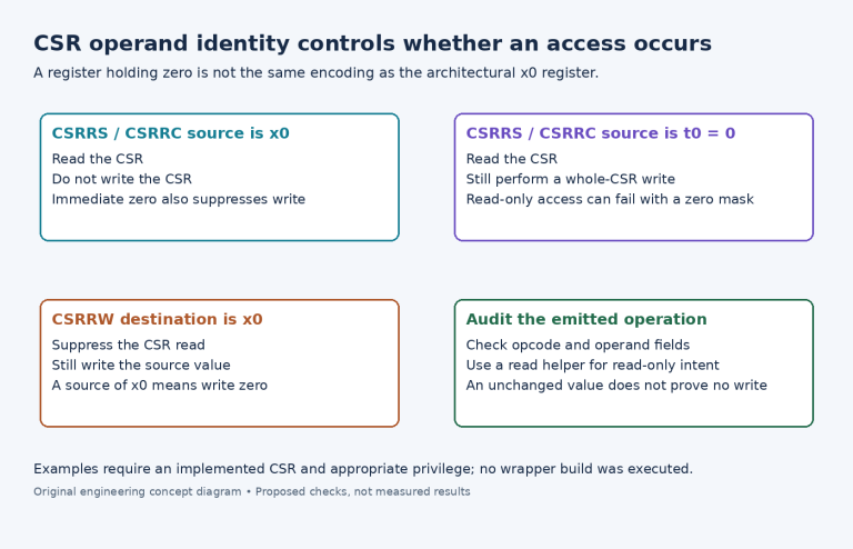 Diagram comparing CSR access actions for x0 operands, a zero-valued general register and CSRRW with a discarded result.