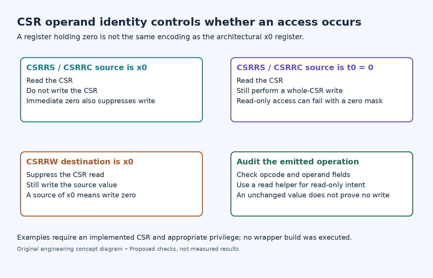 Diagram comparing CSR access actions for x0 operands, a zero-valued general register and CSRRW with a discarded result.