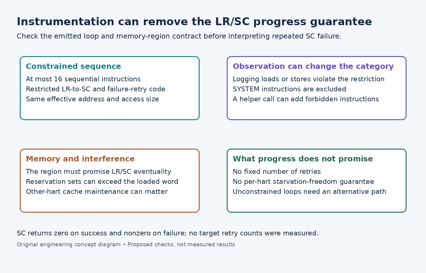 Diagram showing constrained LR/SC instruction and region requirements, instrumentation hazards and the limits of eventual progress.