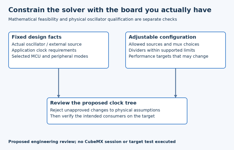 Fixed board facts and adjustable clock choices are considered together before accepting a clock tree and planning target verification.
