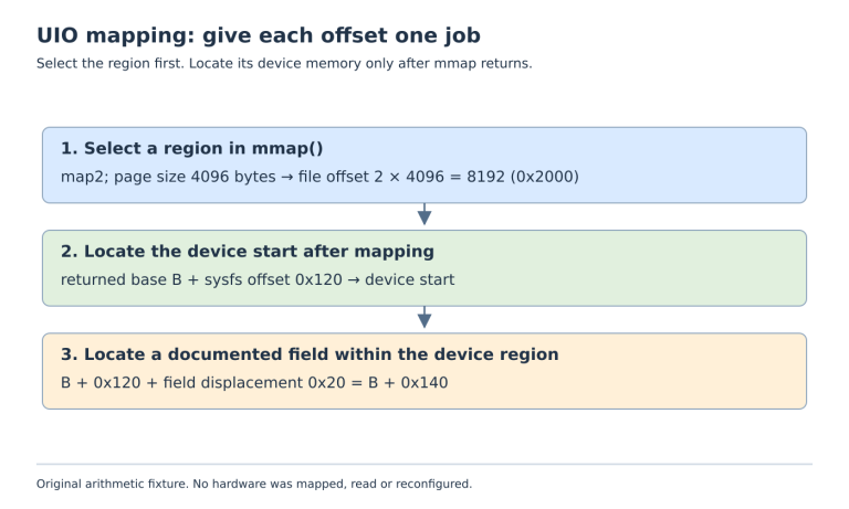 Three steps separate a UIO region selector of 8192 bytes from a device-start adjustment of 0x120 and a field displacement of 0x20.