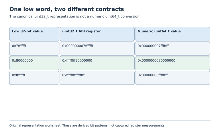 Three unsigned 32-bit example values with their sign-extended RV64 ABI register forms and distinct numerically widened 64-bit forms.